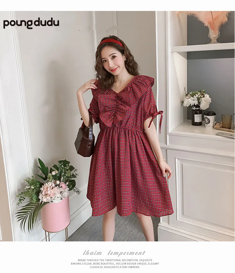 Poungdudu maternity pregnant women dress cotton linen lattice shirt clothes Real shot spot summer | Мать и ребенок