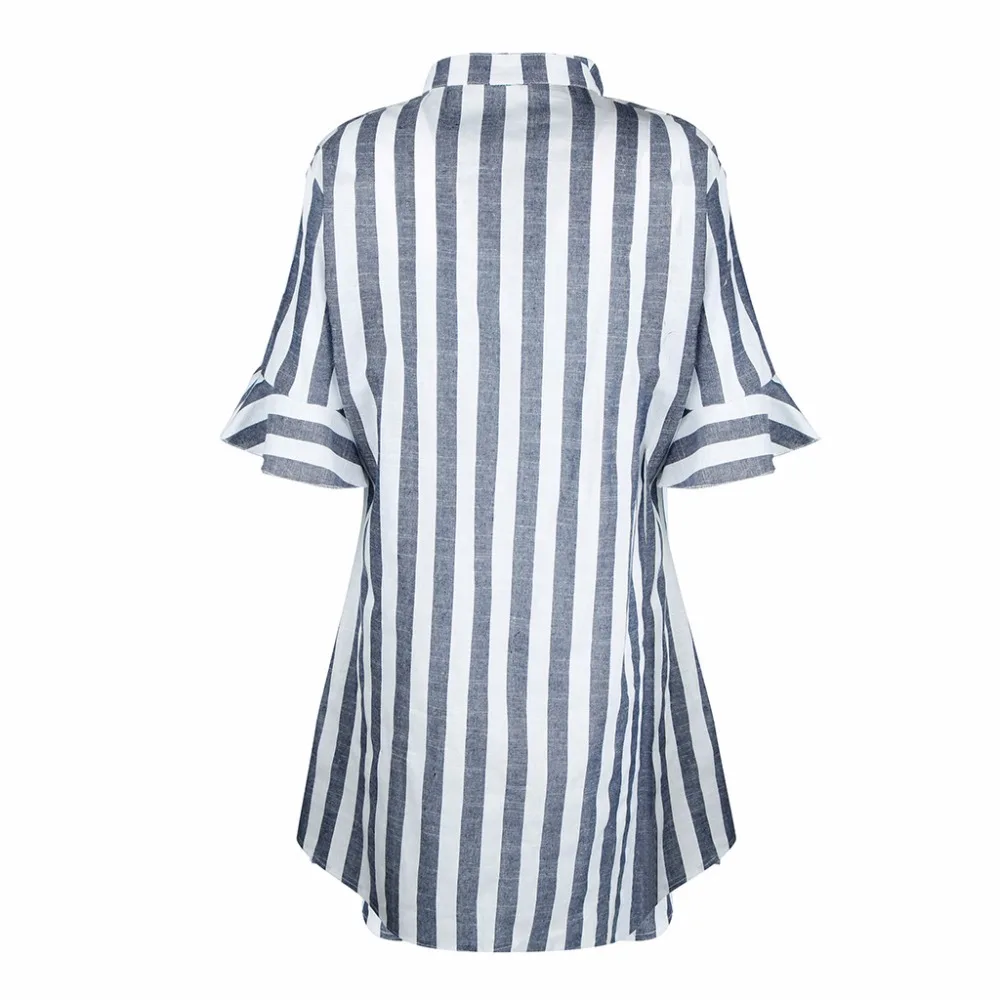 

New arrivals fashion women blue white striped half ruffle sleeve stand collar women long button shirt women tops