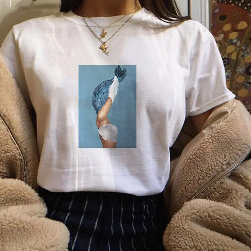 

Hot Fashion Top Women Aesthetics Sexy Flowers Feather Print Graphic Tees Women Tumblr Clothes Vintage White Tshirt Streetwear