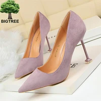 bigtree autumn womens high heels shoes show thin shallow fashion women pumps 9 colors flock pointed woman concise office shoes