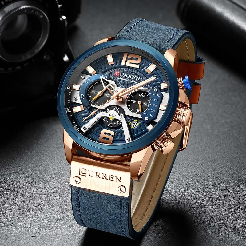 Blue Gold Blue Curren для мужчин s часы лучший бренд класса люкс хронограф мужские часы Кожа Роскошные водонепроницаемые спортивные часы для мужчин Мужские часы Мужские наручные часы - Цвет: Blue Gold Blue