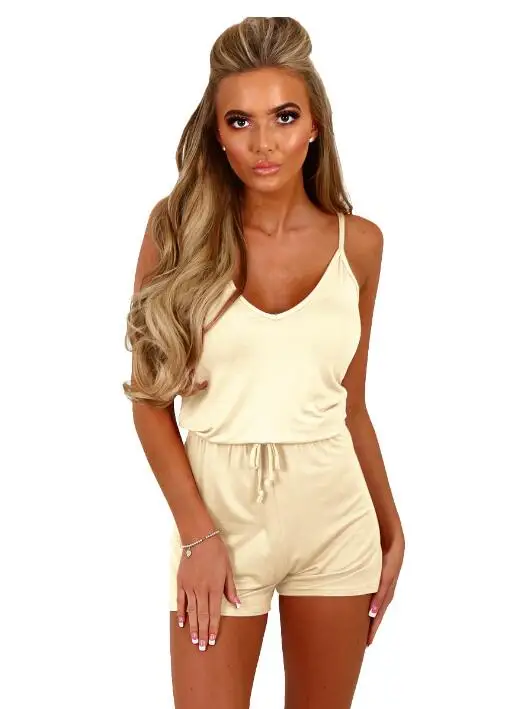 

2021 Women Playsuits Sleeveless Backless Summer Rompers Casual Jumpsuits Shorts Spaghetti Strap Loose Solid Jumpsuits Rompers