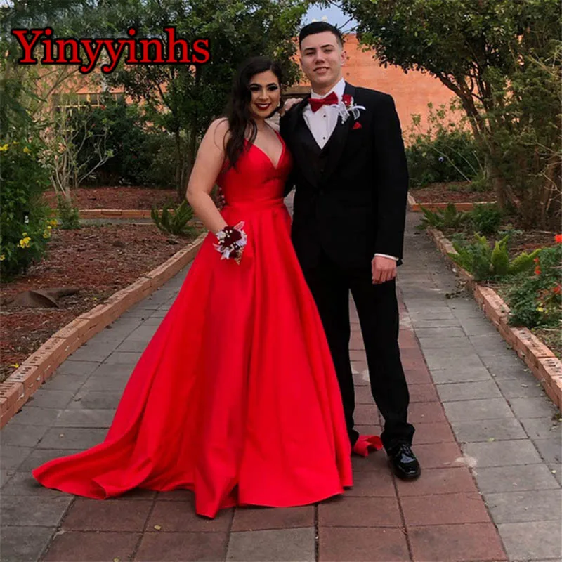 Vestido De Festa 2020 Sexy A-line V neck Prom Dresses Long Beaded Formal Evening Gowns Party Dress with Pockets Custom Made | Свадьбы и