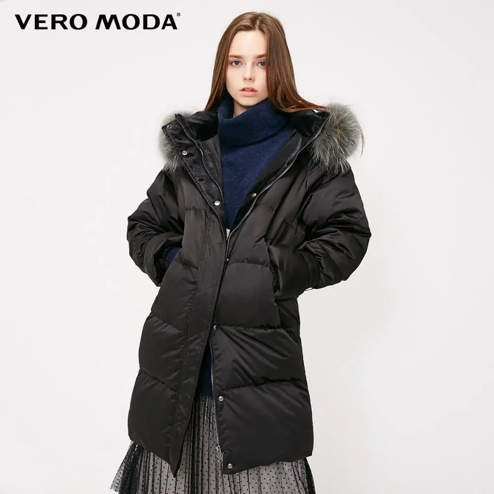 Vero Moda женский пуховик средней длины с капюшоном из меха енота | 318412537 - Цвет: Black