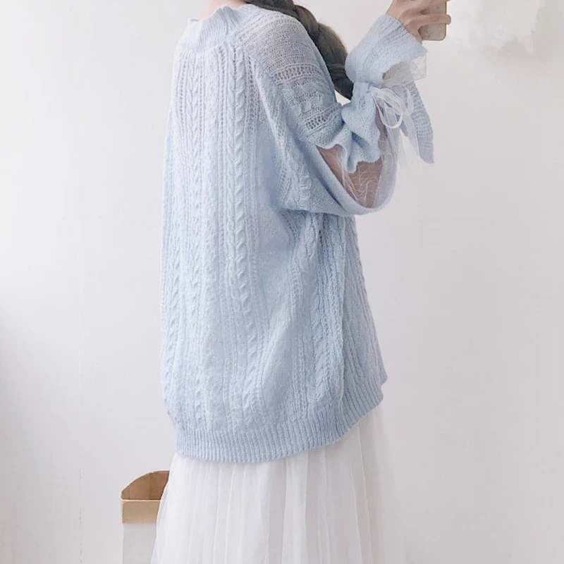 Women Cute Knitted Sweater Hollow Out Long-Sleeved Pink Sweet Sweaters Mesh Patchwork Bow Lace-up Knit Jumper Pullovers | Женская одежда