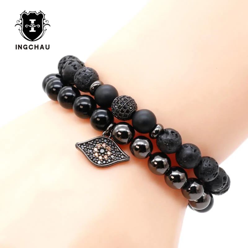 Модный микро-паве CZ браслет evil eye мужской Природный Оникс браслеты из камней для