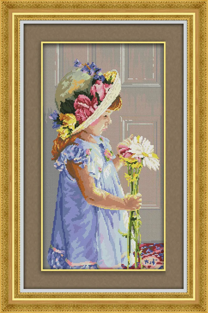 Девочка ласки и принтом в виде хризантем с напечатаным холстом DMC Вышивка