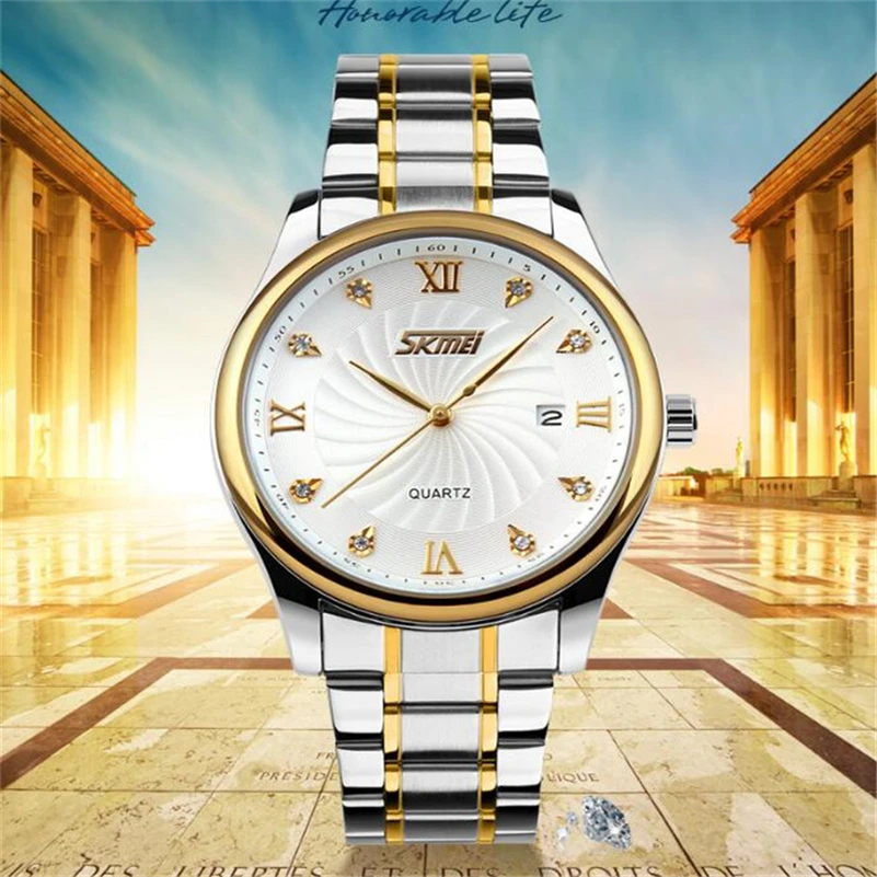 Марка класса люкс алмаз наручные часы Бизнес Мужские кварцевые модные золотые из