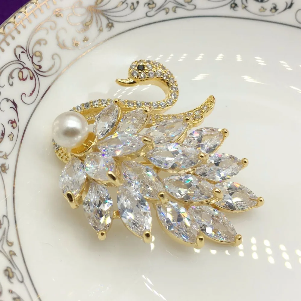 Swan zircon brooch women gold swans pearls and brooches wedding bridal decorations | Украшения и аксессуары