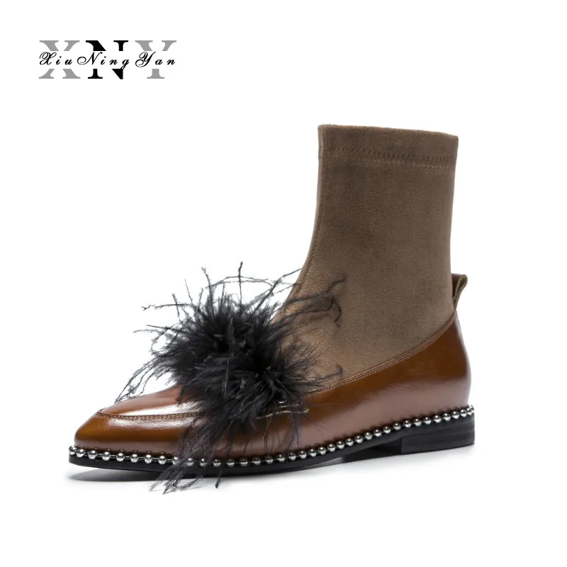 XIUNINGYAN Shoes Woman Ankle Boots Genuine Leather Low Heels Metal Rivets Fashion Chelsea Winter Round Toe String Beading | Обувь