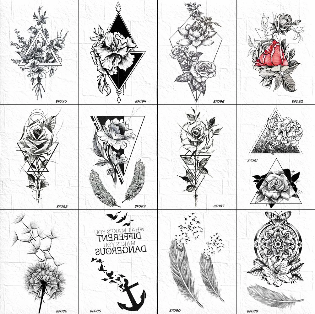 

VANKIRS Geometric Flower Tattoo Stickers Women Body Arm Art Painting Tattoos Temporary Feather Birds Lotus Tatoos Supplies Rose