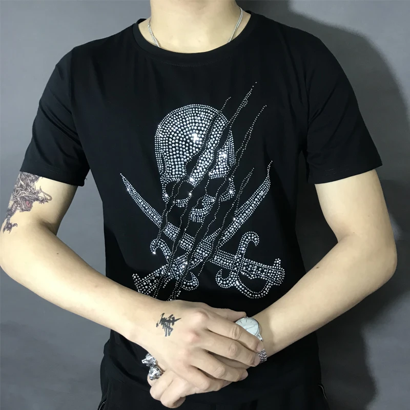 Hot 2021 New Brand Mens Short-sleeved Drilling Skull Top Shirt Mercerized Cotton T-shirt Men And Women Tide Fashion Tops | Мужская