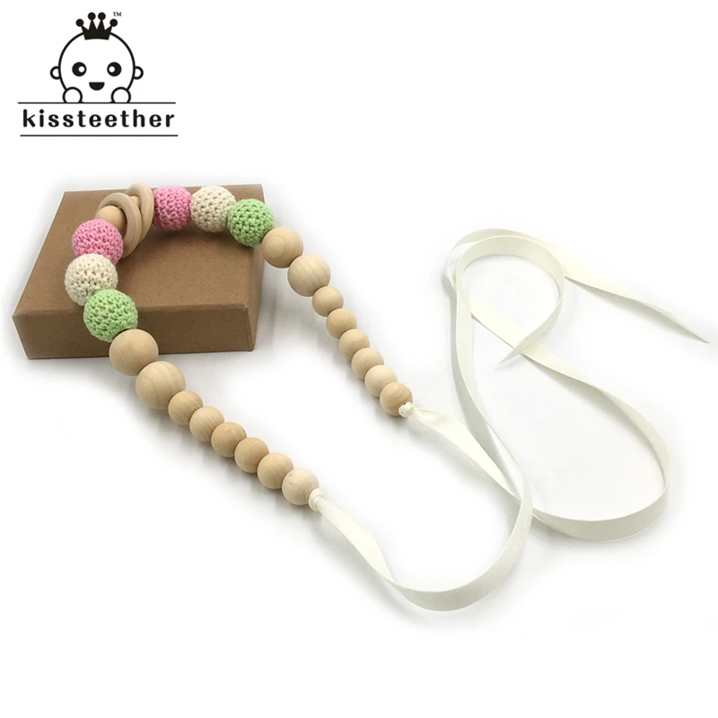Collar de mordedor para beb&eacute;, collar seguro de cuentas de ganchillo con cuentas de madera Natural org&aacute;nico, juguete para mam&aacute;, collar de mordedor de madera para ni&ntilde;os-2