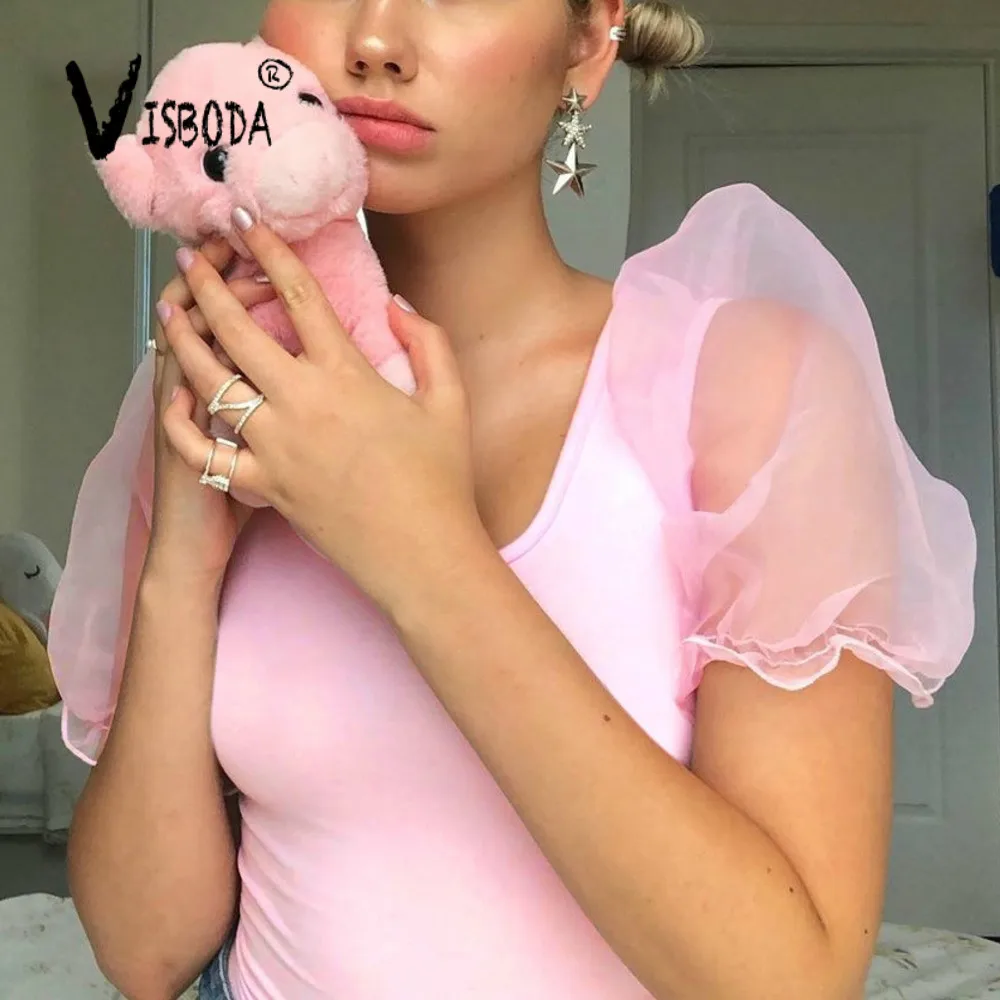 Women Pink Puff Sleeve T-Shirt Mesh Cotton Crop Top Tee Fashion Summer Lady Girls Casual Korea O Neck Short T-shirt | Женская одежда