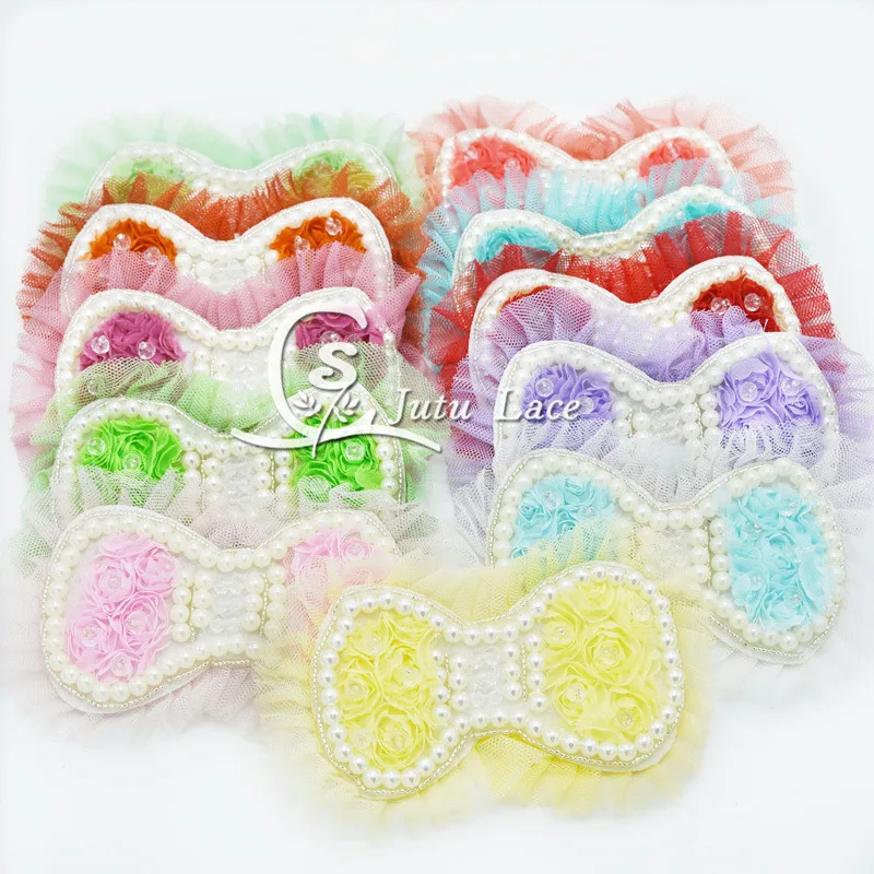 

ePacket 50 pcs/lot , 5'' , chiffon flowers bow with pearl , rose chiffon flowers for headband DIY