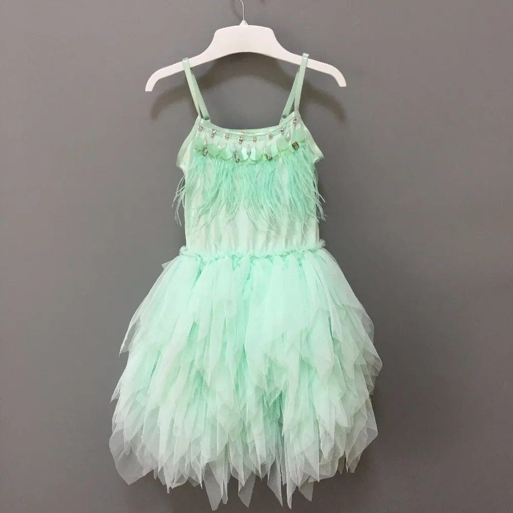 Зеленое роскошное черное платье-пачка с перьями для маленьких девочек детское