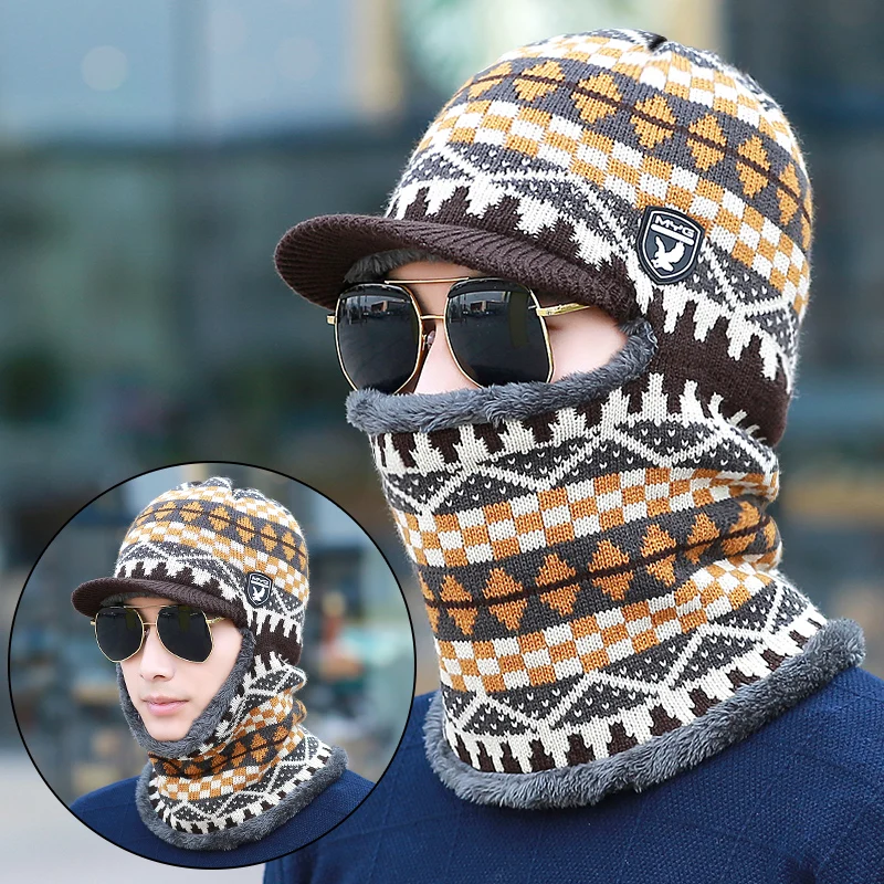 Мужская зимняя шапка теплая шерстяная вязаная Балаклава со снежинками ушанка с