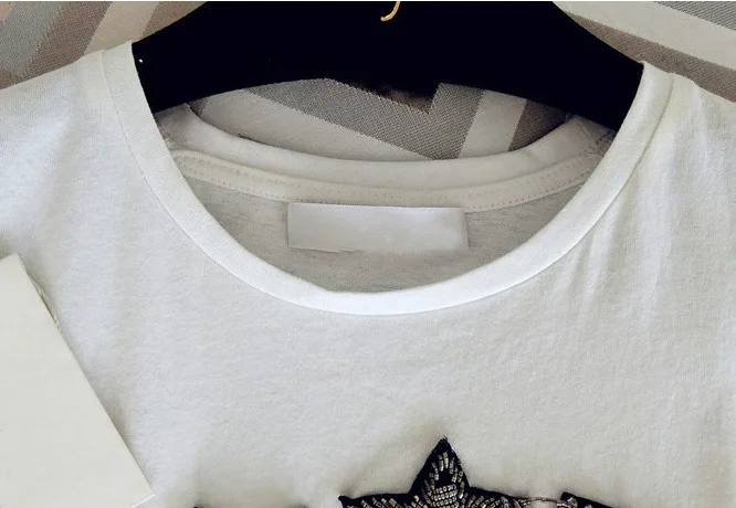 Short Sleeve Woman Round Neck Pullover Self-cultivation Rhinestone Nail Pearl Stars Stamp T Shirt M White Heavy Jacket | Женская одежда