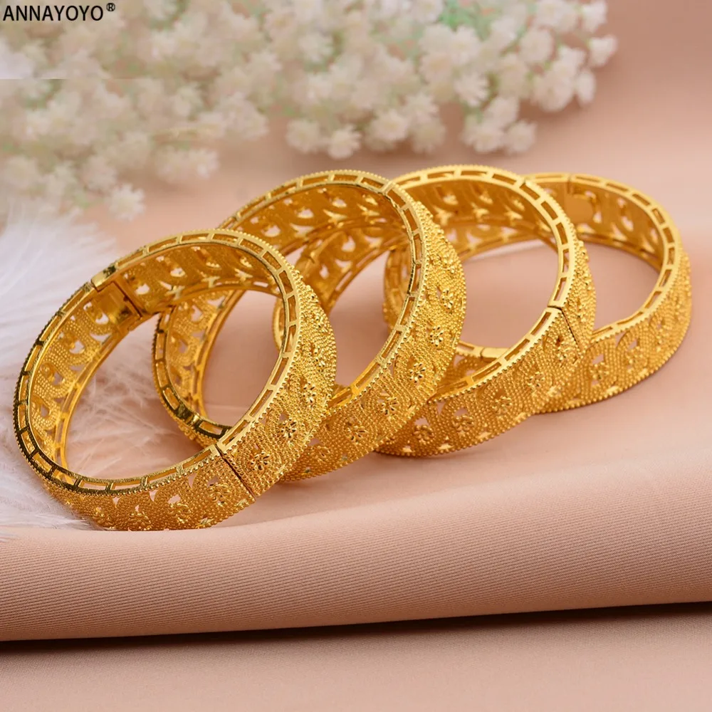 Annayoyo Middle East Arab Dubai Bangle Bracelet for Women African Gold Color Jewelry Trendy Gifts(4PCS/LOT