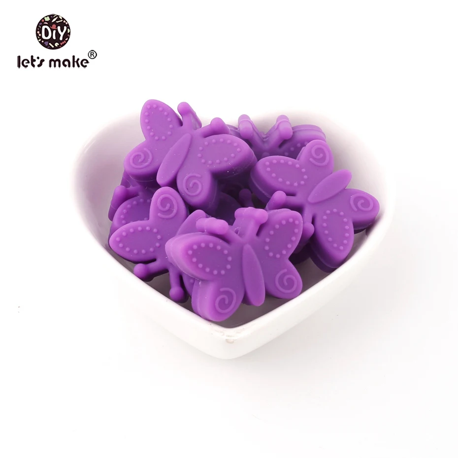 butterfly purple Давайте изготовим Силиконовые Прорезыватели в виде бабочек, 10 шт., без бисероплетения, силиконовые бусины, картонная коробка, сделай сам, мобильная детская коляска, Детские Прорезыватели - Цвет: butterfly purple
