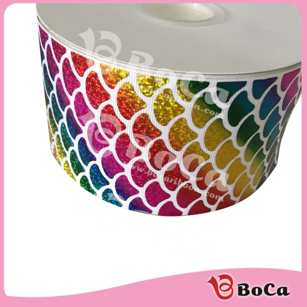 Бесплатная доставка 3 &quot75 мм BOCA rainbow fish scale дизайн голограмма grosgrain лента DIY ручной