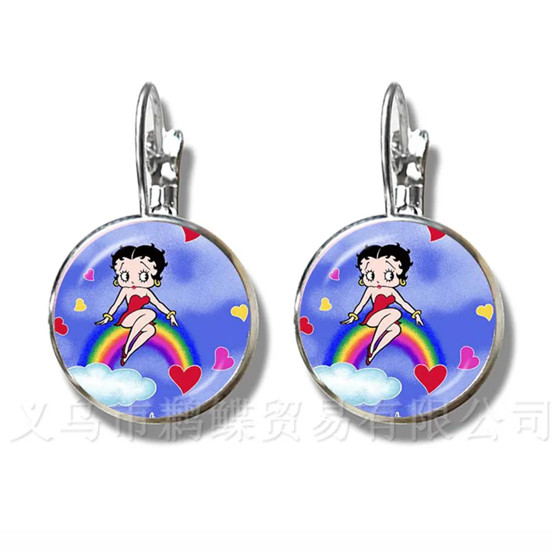 

Romantic Betty Boop 16mm Glass Dome Stud Earrings Women Jewelry Cute Betty Boop Series Pattern Earring Accessories Xmas Gift