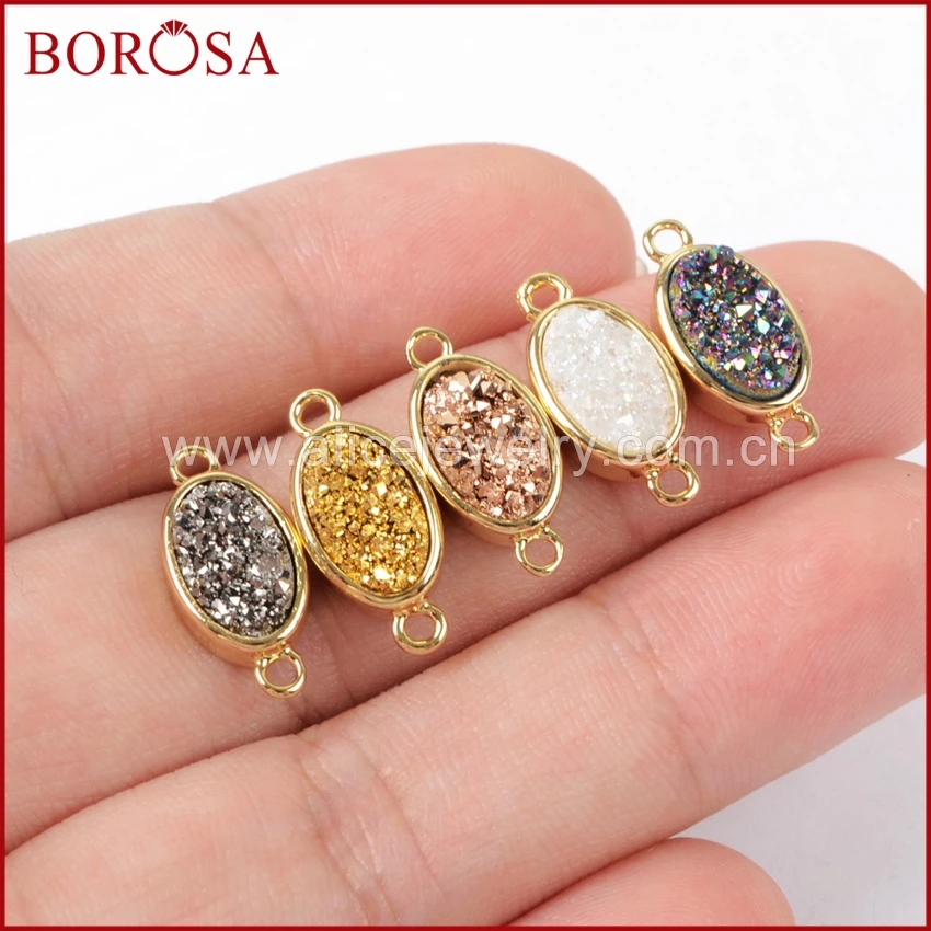 BOROSA Oval Gold Bezel Natural Stone Titanium Rainbow Druzy Connector Double Bails Drusy Necklace Making ZG0142 | Украшения и