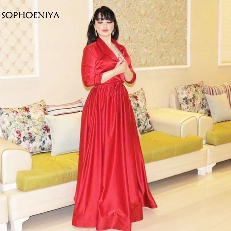 

New Arrival Red Long sleeve evening dresses Taffeta Simple evening gown robe de soiree long dress 2021 muslim evening dress