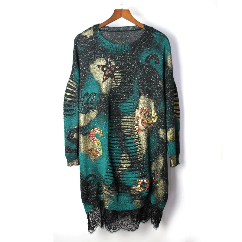 Панк рок стиль ручная роспись Bronzing блестками вязаные свитера платье пуловеры