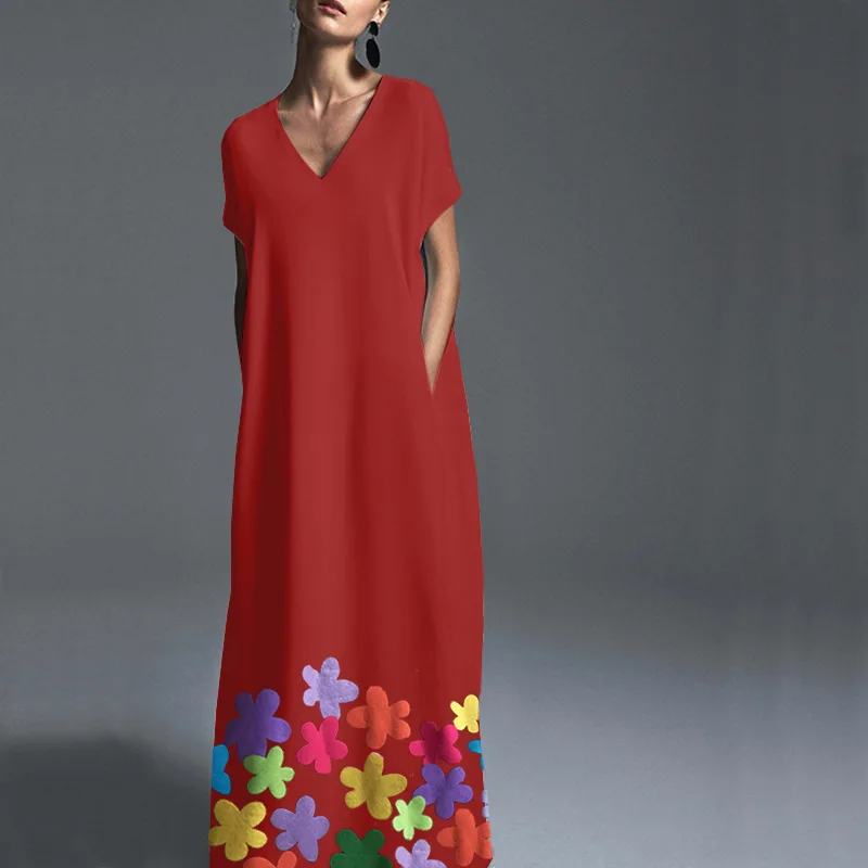 Платье Макси женское с коротким рукавом V образным вырезом и принтом|Женские