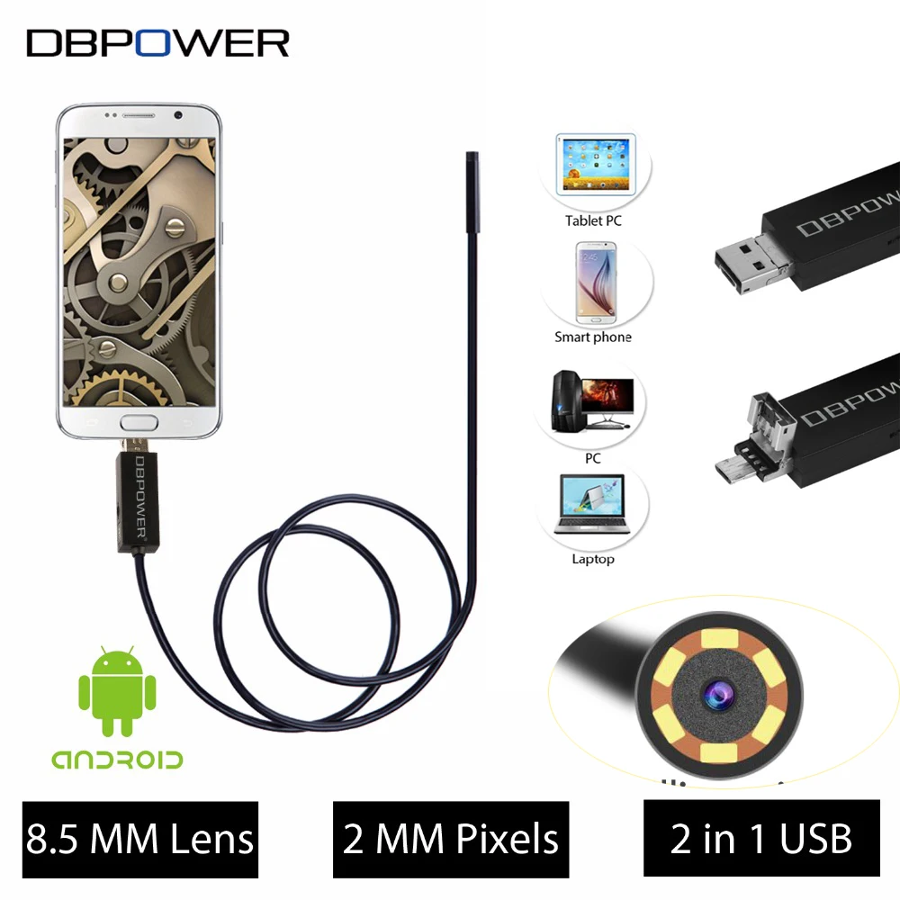 Dbpower HD 2 в 1 видео USB эндоскопа 10 м/5 м/2 м 8.5 мм объектив для android мобильных и