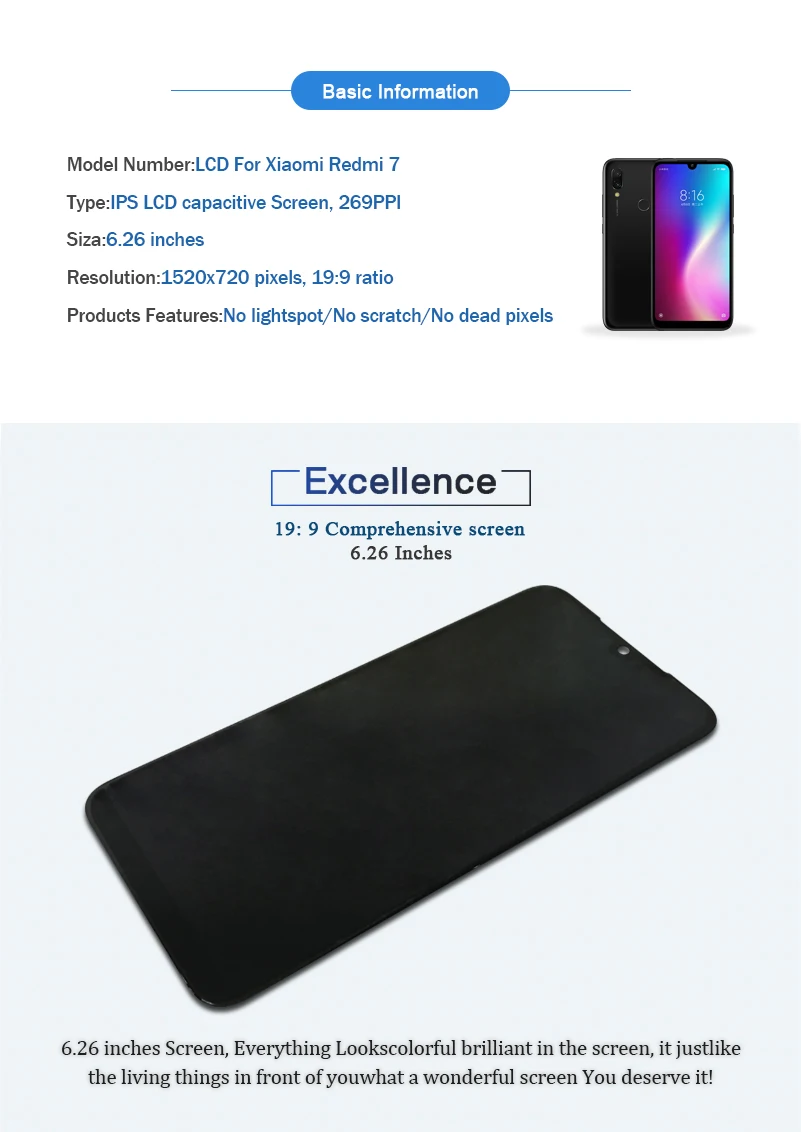 Качество AAA, ЖК-дисплей для Xiaomi Redmi 7, ЖК-дисплей с рамкой, экран для Redmi 7, экран с рамкой