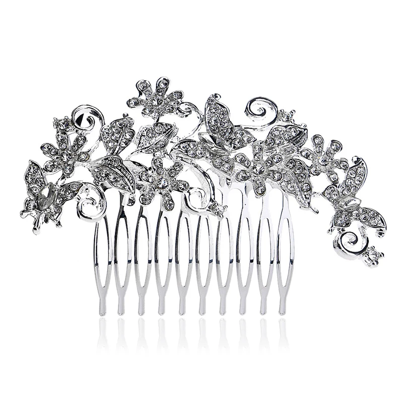 Handmade Silver Color Vintage Bridal Leaf Butterfly Prom Hair Comb Hairpin Wedding Accessories Crystal Headpiece For Women | Украшения и