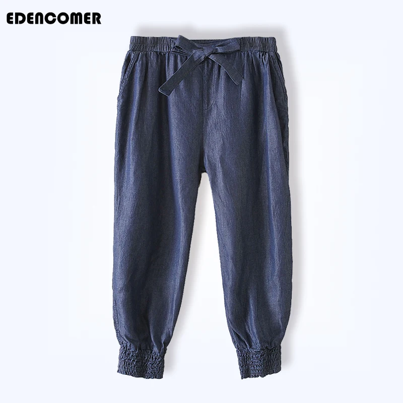 

Large Size Women's Pure Color Jeans 2019 Fashion Nine-piece Blue Pants Summer Tie Belt Plus Size Harlan Pants Tide