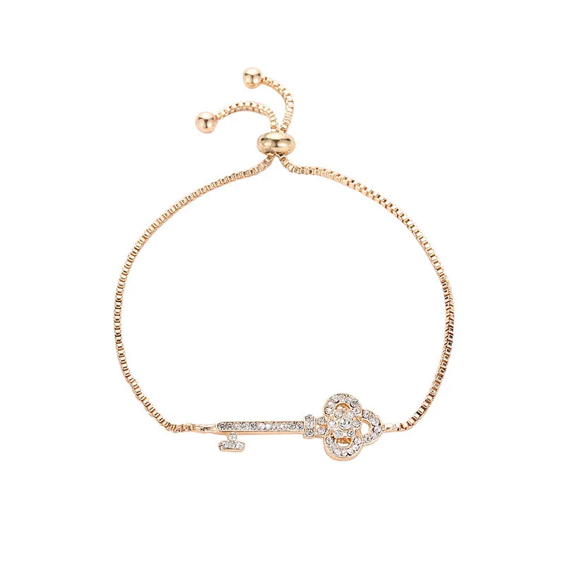 

Key Shaped Full Shiny Clear Crystal Charm Thin Golden Chain Special Designed Adjustable Bracelets For Women