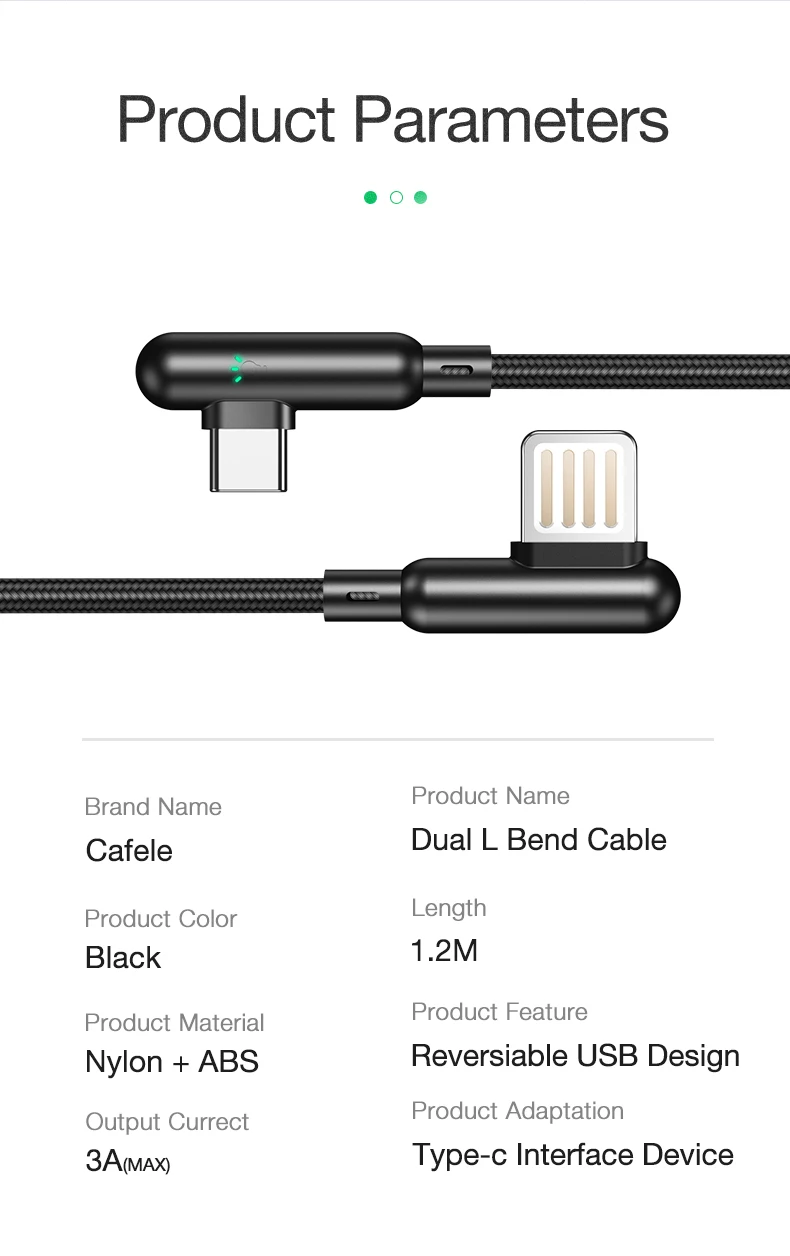 CAFELE 90 градусов игровой USB C кабель для huawei xiaomi samsung oneplus Быстрая зарядка светодиодный нейлоновый кабель типа L ткачество type c