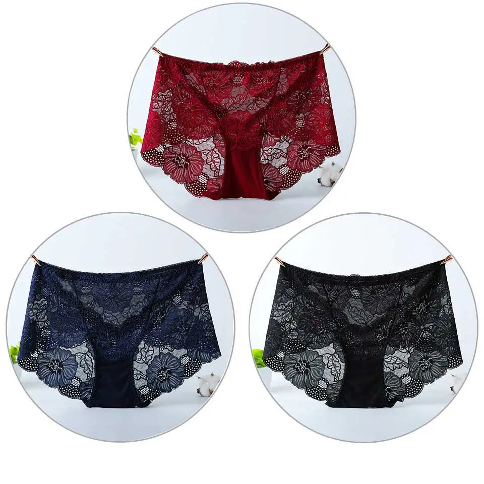 Burgundy Blue Black 3 шт./лот, трусы с высокой талией, женские трусики, бесшовное нижнее белье, кружевные сексуальные прозрачные трусики, женское Сетчатое нижнее белье размера плюс, большие - Цвет: Burgundy Blue Black