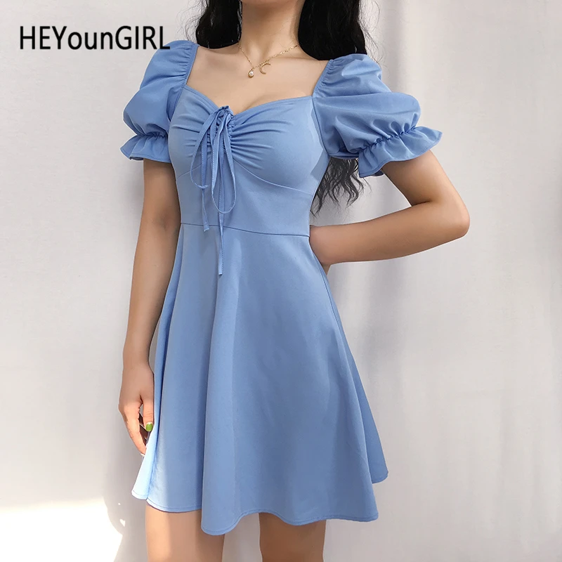 HEYounGIRL элегантное винтажное платье для женщин с расклешенным фонариком и коротким рукавом, плиссированные платья для девушек, свободное короткое летнее платье с высокой талией