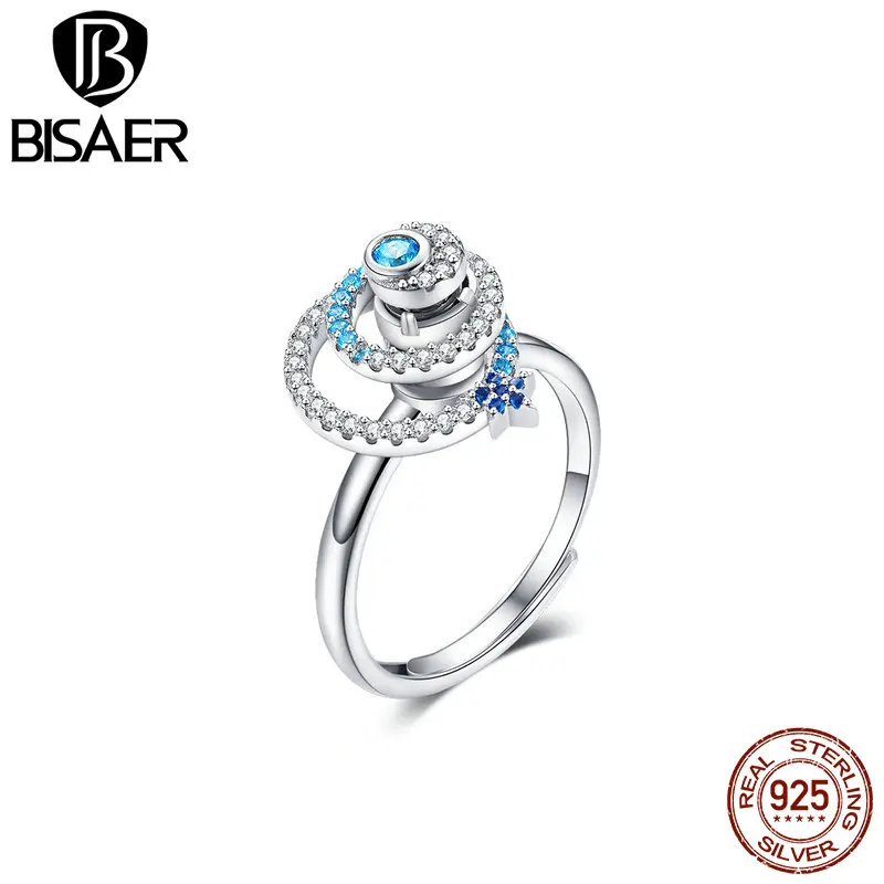 Bisaer, 925 пробы, серебряная вращающаяся звезда, ослепительная, CZ, кольца на палец для женщин, Роскошные, свадебные, Обручальные, ювелирные изделия, S925, подарок, GAR035