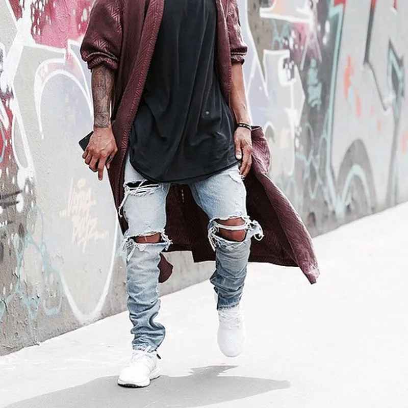 

Fashion 2020 spring autumn Casual Distressed Destroy Wash Knee Ripped Hole black blue hip hop beggar street singer jeans men
