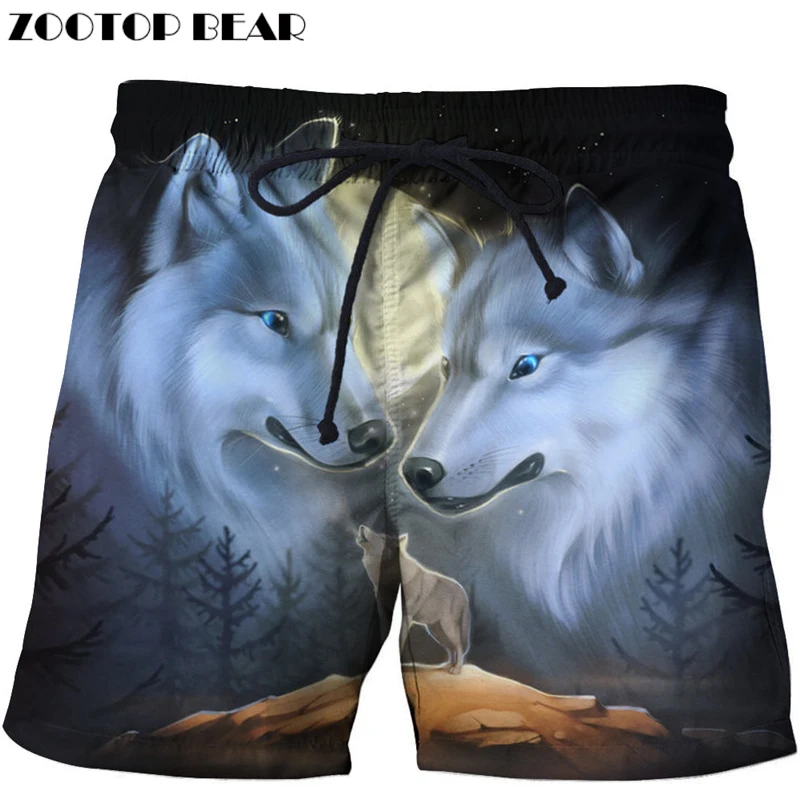 

2018 New Mens 3D Shorts Moon & Wolf Printed Board Shorts Funny Beach Elastic Wasit Shorts Homme Male Clothing Drop Ship