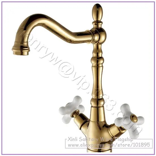 

L16296 - Luxury Brass Double Handle Basin Faucet Gold Color Hot & Cold Basin Mixer Deck Mounted Basin Tap