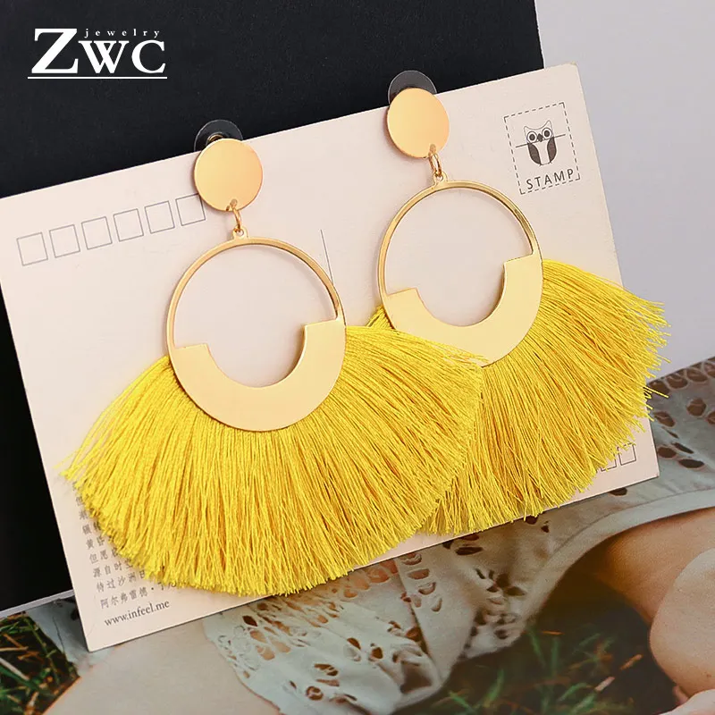 ZWC, модные, богемные, с кисточками, винтажные, массивные, висячие серьги для женщин, черные, красные, желтые, большие висячие серьги с бахромой, ювелирные изделия - Окраска металла: yellow