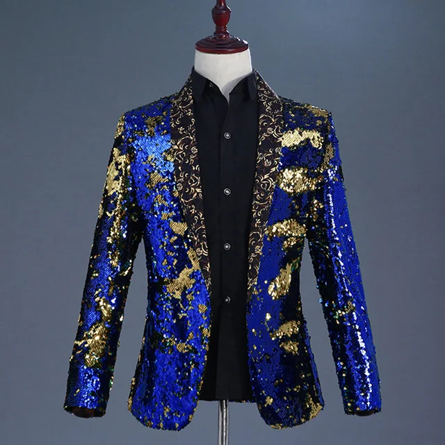Royal Blue Блестящий красный костюм-смокинг с воротником-шалью и блестками, мужской блейзер для свадьбы, жениха, певицы, выпускного, блестящий костюм, пиджак, DJ, клубный, сценический Блейзер, Hombre - Цвет: Royal Blue