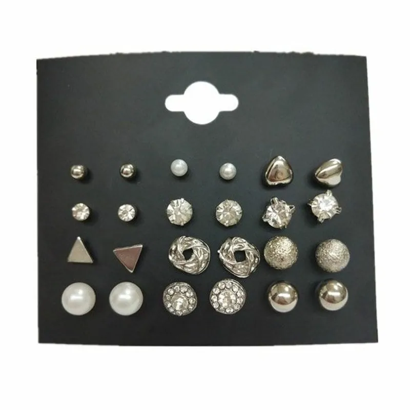 SexeMara Korea Style 12 Pairs Sets Round Square Ball Alloy Crystal Stud Pearl Earrings For Women Hot-selling Cute Earring | Украшения и