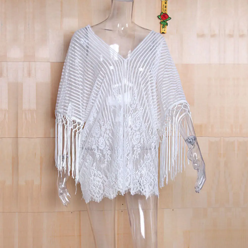 

2018 Summer New Style Fashion Women's Casual Beach Blouse Lace Crochet Hollow Out Long Solid Flare Sleeve Suit