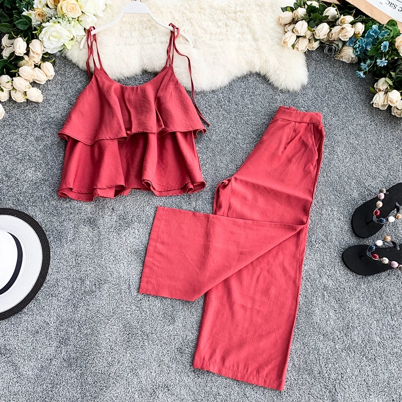 

Vintage 2019 Summer Two Piece Set Ruffles Strap Chic Tops And Elastic Waist Full Length Pants Female Casual Two Piece Suit Sets