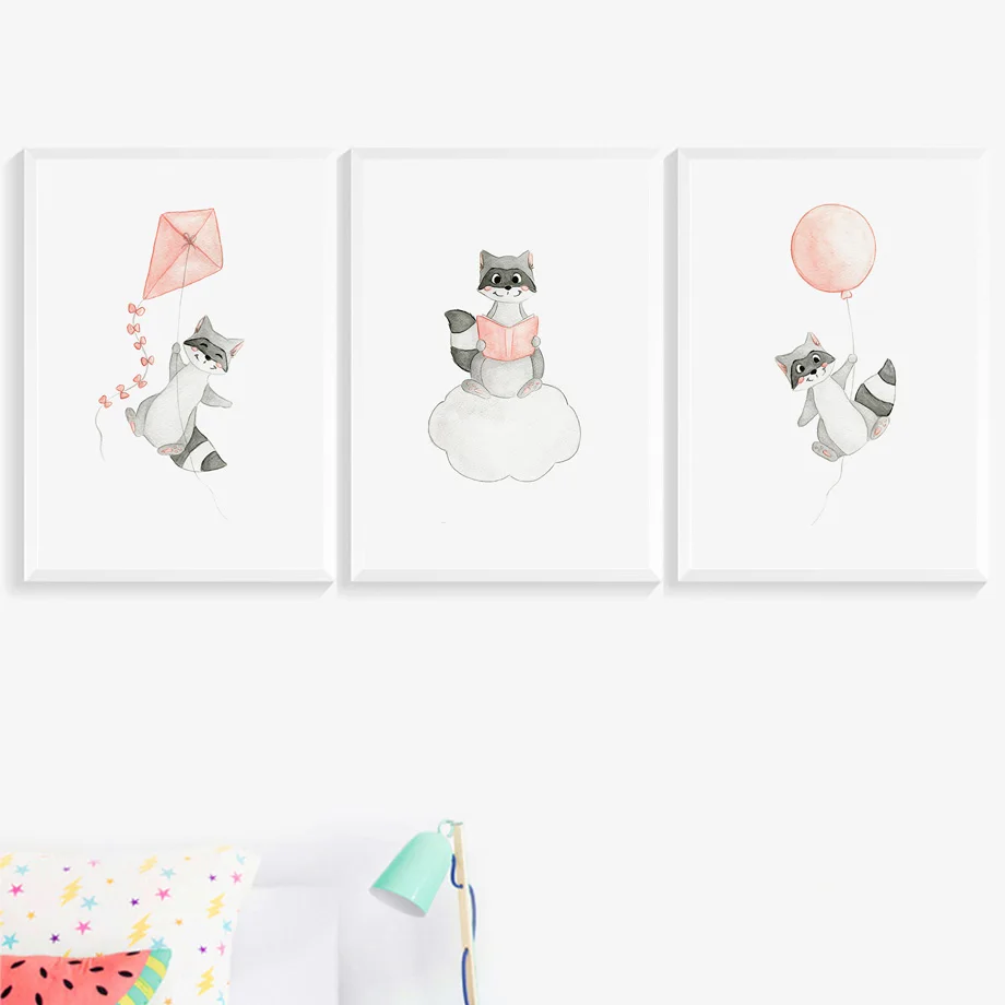 Raccoon Fly a kite Balloon Cloud Nursery Nordic Posters And Prints Wall Art Canvas Painting Pictures Baby Kids Room Decor | Дом и сад