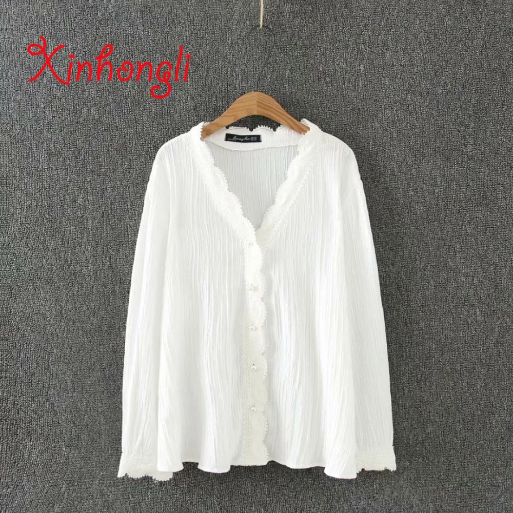 Plus size soft cotton Lace V-neck women loose white blouse 2019 spring casual office ladies long sleeve summer shirts top female | Женская