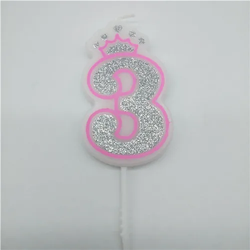 pink 3 Свечи с цифрами 0, 1, 2, 3, 4, 5, 6, 7, 8, 9, блестящие серебристые, розовые, голубые свечи с короной для детей, девочек и мальчиков, украшения для торта для вечеринки на день рождения - Цвет: pink 3